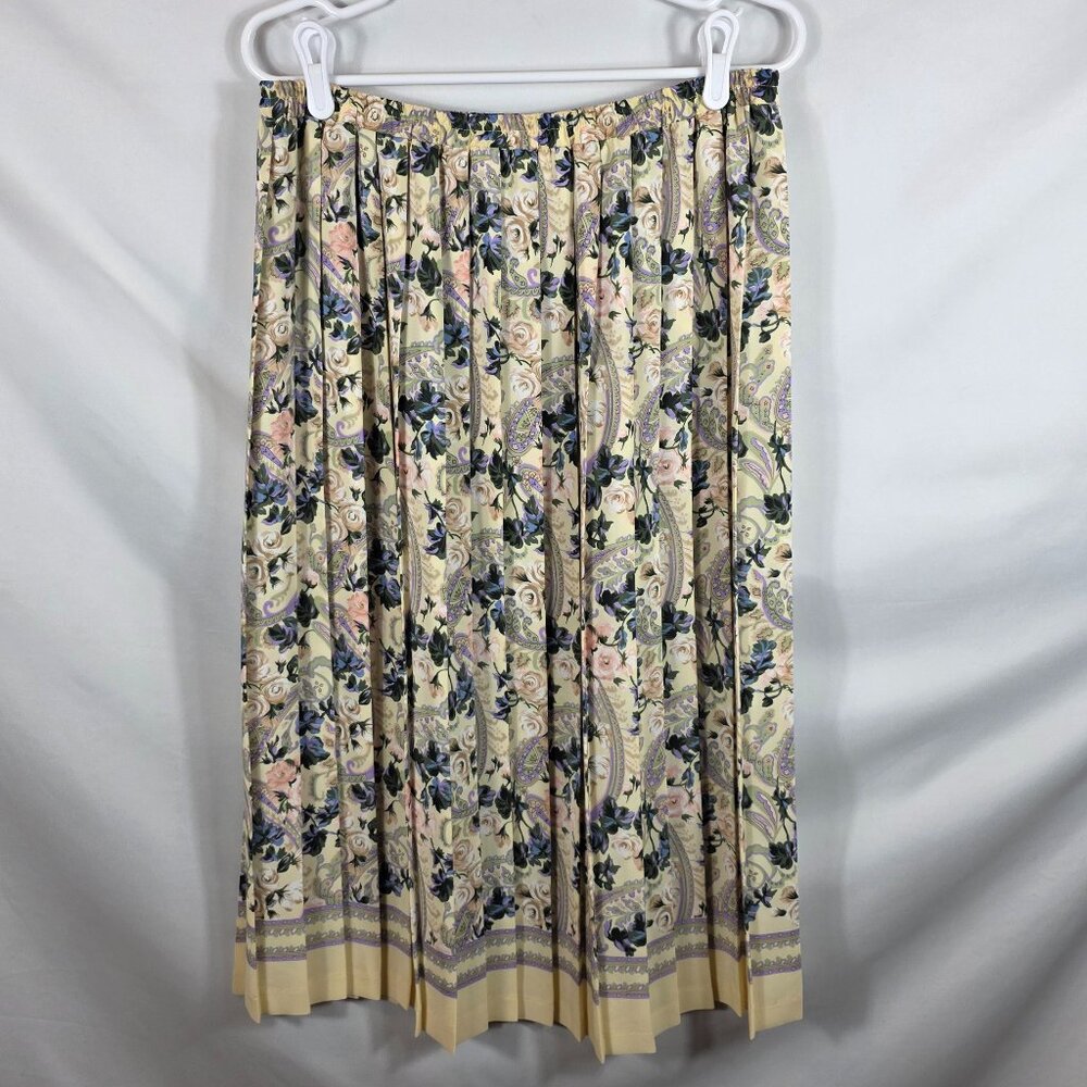 Vintage Leslie Fat Pleated Skirt Women's Size 16 Ivory with Purple & Pink Flower